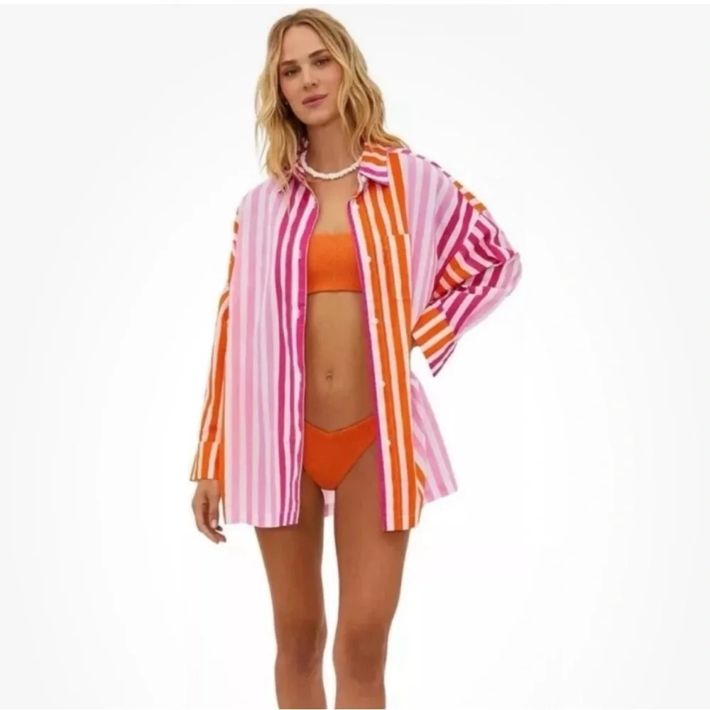 Beach Riot Alexa Striped Oversized Beach Shirt Sunset Stripes Small Medium
